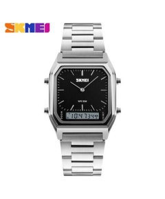 SKMEI 1220 Silver Stainless Steel Dual Time Luxury Watch For Men - Black & Silver