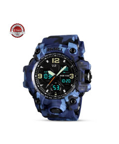 SKMEI 1155B Blue Camouflage PU Dual Time Sport Watch For Men - Blue Camouflage