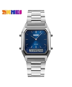 SKMEI 1220 Silver Stainless Steel Dual Time Luxury Watch For Men - Royal Blue & Silver