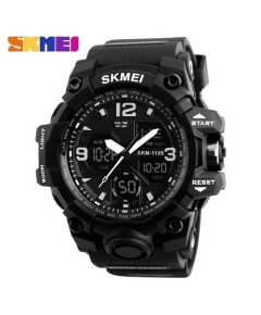 SKMEI 1155B Black PU Dual Time Sport Watch For Men - White & Black