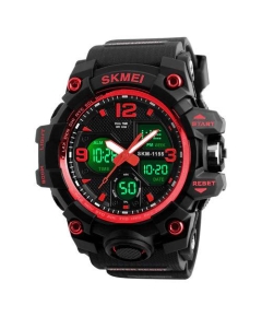 SKMEI 1155B Black PU Dual Time Sport Watch For Men - Red & Black