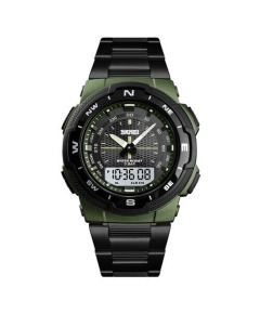 SKMEI 1370 Black Stainless Steel Dual Time Watch For Men - Army Green & Black