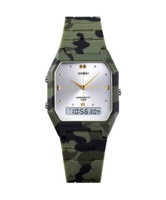 SKMEI 1604 Army Green Camouflage PU Dual Time Sport Watch For Unisex - Army Green Camouflage