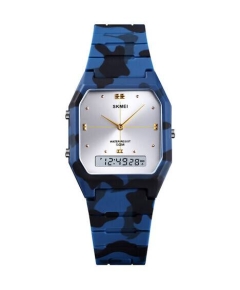 SKMEI 1604 Blue Camouflage PU Dual Time Sport Watch For Unisex - Blue Camouflage