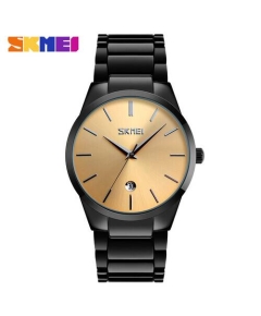 SKMEI 9140 Black Stainless Steel Analog Luxury Watch For Men - Golden & Black