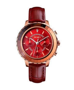 SKMEI 1704 Chocolate PU Leather Analog Luxury Watch For Women - Red & Chocolate