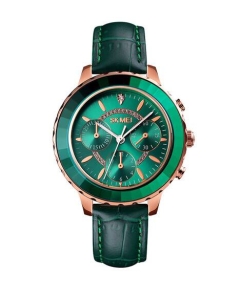 SKMEI 1704 Green PU Leather Analog Luxury Watch For Women - RoseGold & Green