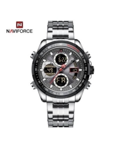 Naviforce NF9197 Silver Stainless Steel Dual Time Watch For Men - Black & Silver