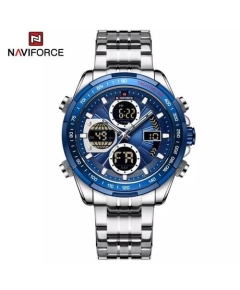 Naviforce NF9197 Silver Stainless Steel Dual Time Watch For Men - Royal Blue & Silver