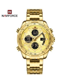 Naviforce NF9197 Golden Stainless Steel Dual Time Watch For Men - Golden