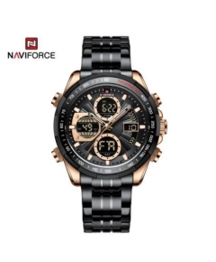 Naviforce NF9197 Black Stainless Steel Dual Time Watch For Men - RoseGold & Black