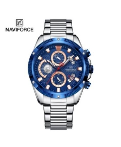 Naviforce NF8021 Silver Stainless Steel Chronograph Watch For Men - Royal Blue & Silver