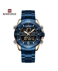 Naviforce NF9195 Royal Blue Stainless Steel Dual Time Watch For Men - RoseGold & Royal Blue