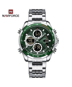 Naviforce NF9197 Silver Stainless Steel Dual Time Watch For Men - Green & Silver