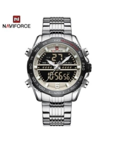 Naviforce NF9195 Silver Stainless Steel Dual Time Watch For Men - White & Silver