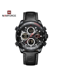 Naviforce NF9197L Black PU Leather Dual Time Watch For Men - Black