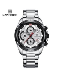 Naviforce NF8021 Silver Stainless Steel Chronograph Watch For Men - White & Silver