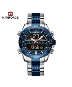 Naviforce NF9195 Silver And Royal Blue Stainless Steel Dual Time Watch For Men - Royal Blue & Silver