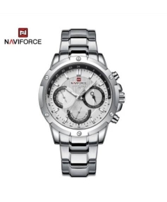 Naviforce NF9196 Silver Stainless Steel Chronograph Watch For Men - White & Silver