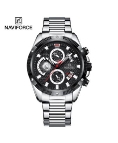 Naviforce NF8021 Silver Stainless Steel Chronograph Watch For Men - Black & Silver