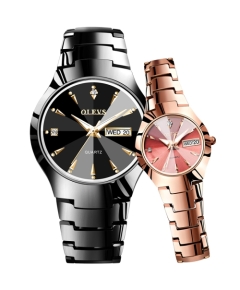 1 Pair OLEVS 8697 Couple Fashion Waterproof Luminous Quartz Watch(Black + Rose Gold)