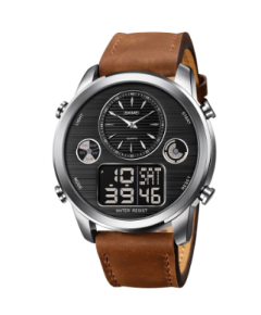 SKMEI 1653 Dark Brown PU Leather Dual Time Watch For Men - Silver & Dark Brown