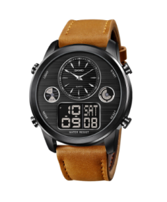 SKMEI 1653 Brown PU Leather Dual Time Watch For Men - Black & Brown