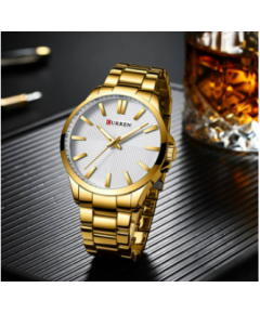 CURREN 8322 Golden Stainless Steel Analog Watch For Men - White & Golden