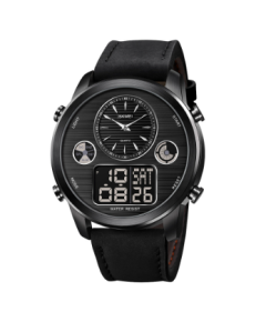 SKMEI 1653 Black PU Leather Dual Time Watch For Men - Black