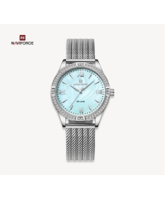 NAVIFORCE NF5028 Silver Mesh Stainless Steel Analog Watch For Women - Sky Blue & Silver