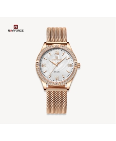 NAVIFORCE NF5028 Rose Gold Mesh Stainless Steel Analog Watch For Women - White & Rose Gold