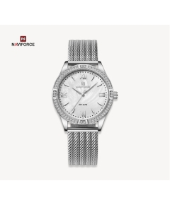 NAVIFORCE NF5028 Silver Mesh Stainless Steel Analog Watch For Women - White & Silver