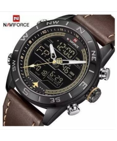 NAVIFORCE NF9144 Dark Brown PU Leather Dual Time Wrist Watch For Men - Dark Brown & Black