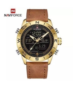 NAVIFORCE NF9144 Brown PU Leather Dual Time Wrist Watch For Men - Brown & Golden