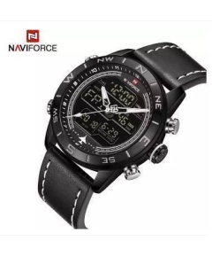 NAVIFORCE NF9144 Black PU Leather Dual Time Wrist Watch For Men - Black & White