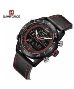 NAVIFORCE NF9144 Black PU Leather Dual Time Wrist Watch For Men - Black & Red