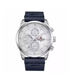 NAVIFORCE NF9148 Navy Blue PU Leather Chronograph Watch For Men - Silver & Navy Blue