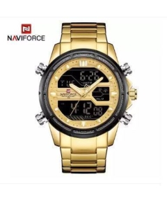 NAVIFORCE NF9138 Golden Stainless Steel Dual Time Wrist Watch For Men - Golden & Black