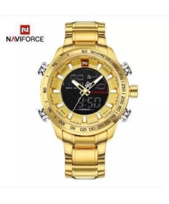 NAVIFORCE NF9093 GOLDEN STAINLESS STEEL DUAL TIME WATCH FOR MEN