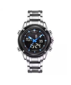 NF9050 Stainless Steel Dual Display Wrist Watch - Silver and Blue