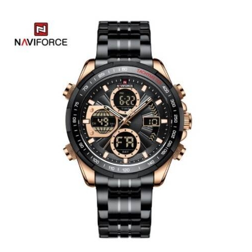 Naviforce NF9197 Black Stainless Steel Dual Time Watch For Men - RoseGold & Black