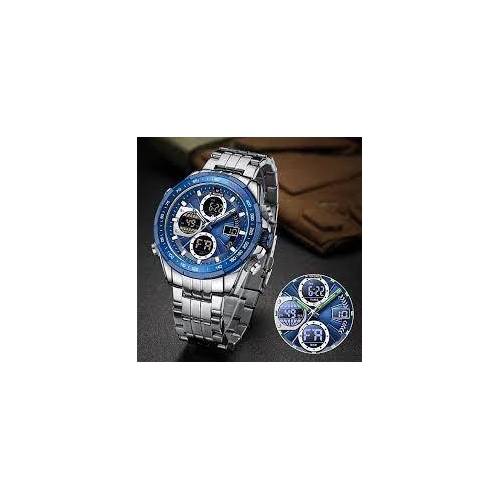 Naviforce NF9197 Silver Stainless Steel Dual Time Watch For Men - Royal Blue & Silver, 6 image