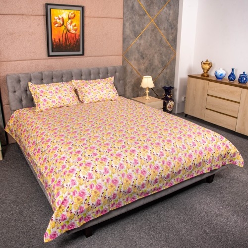 Yellow Rose Print Cotton Bedsheet, 2 image