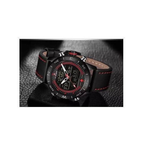 NAVIFORCE NF9144 Black PU Leather Dual Time Wrist Watch For Men - Black & Red, 4 image