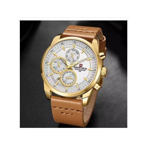 NAVIFORCE NF9148 Brown PU Leather Chronograph Watch For Men - Golden & Brown, 2 image